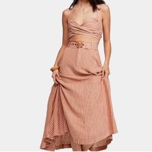 FREE PEOPLE Beige Red Striped CASABLANCA Skirt Set